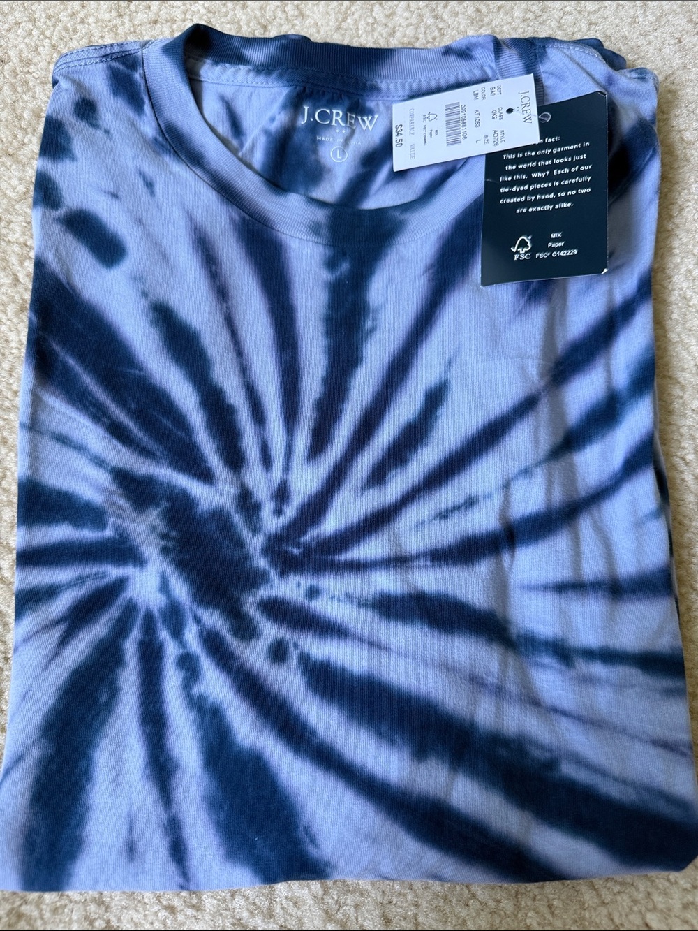 Brand new!!! J. Crew Navy and Light Blue Spiral Tie-Dye Tee size L 100% cotton